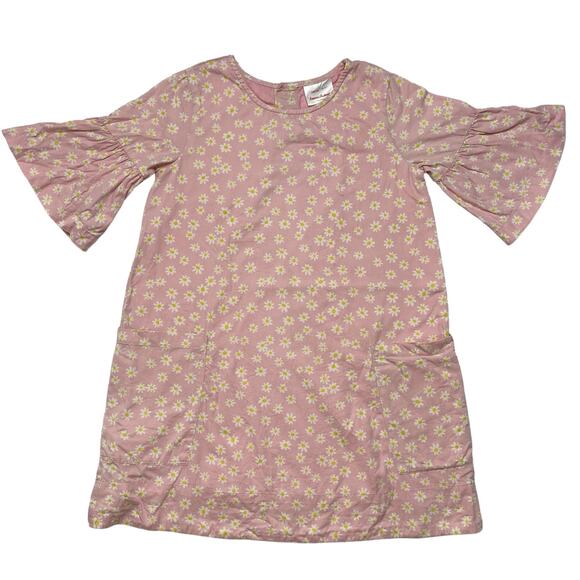 HANNA ANDERSSON Pink White Daisy Print Pocket Dress Size 120 6-7 Bell Sleeve - Picture 1 of 5